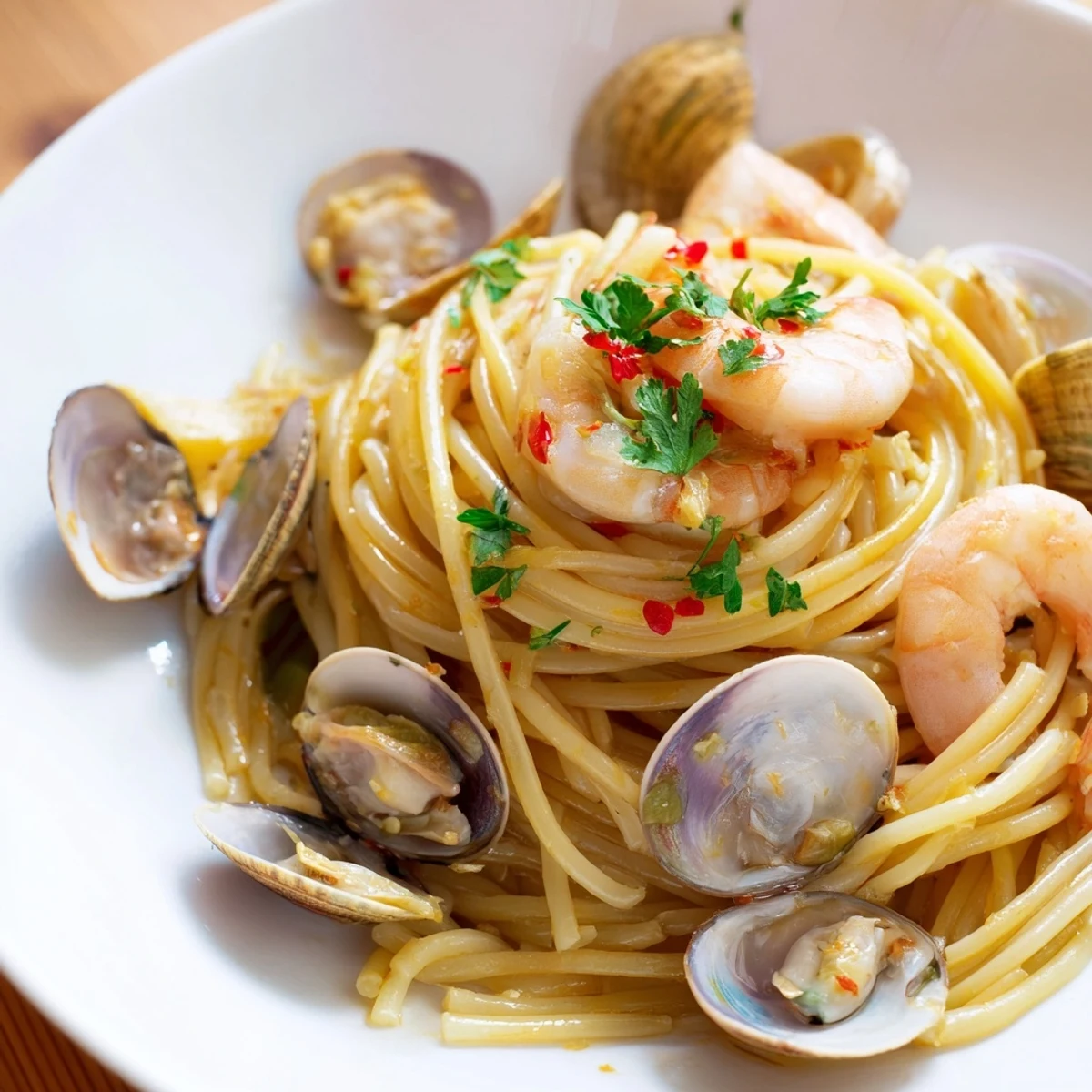 A steaming bowl of Seafood Pasta Aglio e Olio with glistening shrimp and fresh parsley.