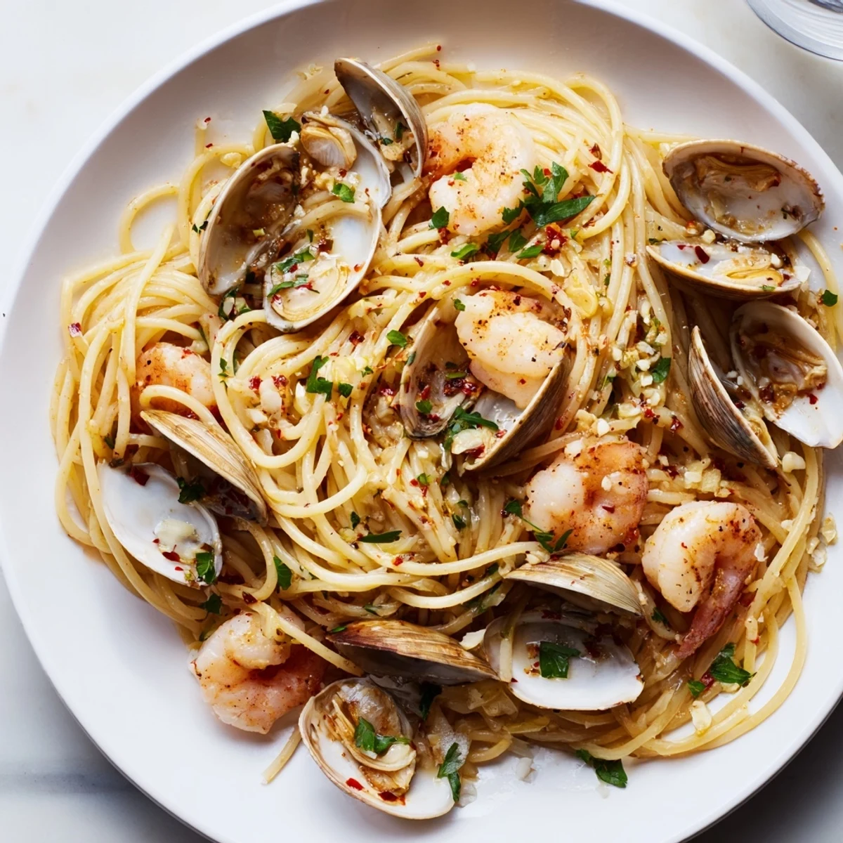 Close-up of golden garlic-infused Seafood Pasta Aglio e Olio, a flavorful Italian dish.