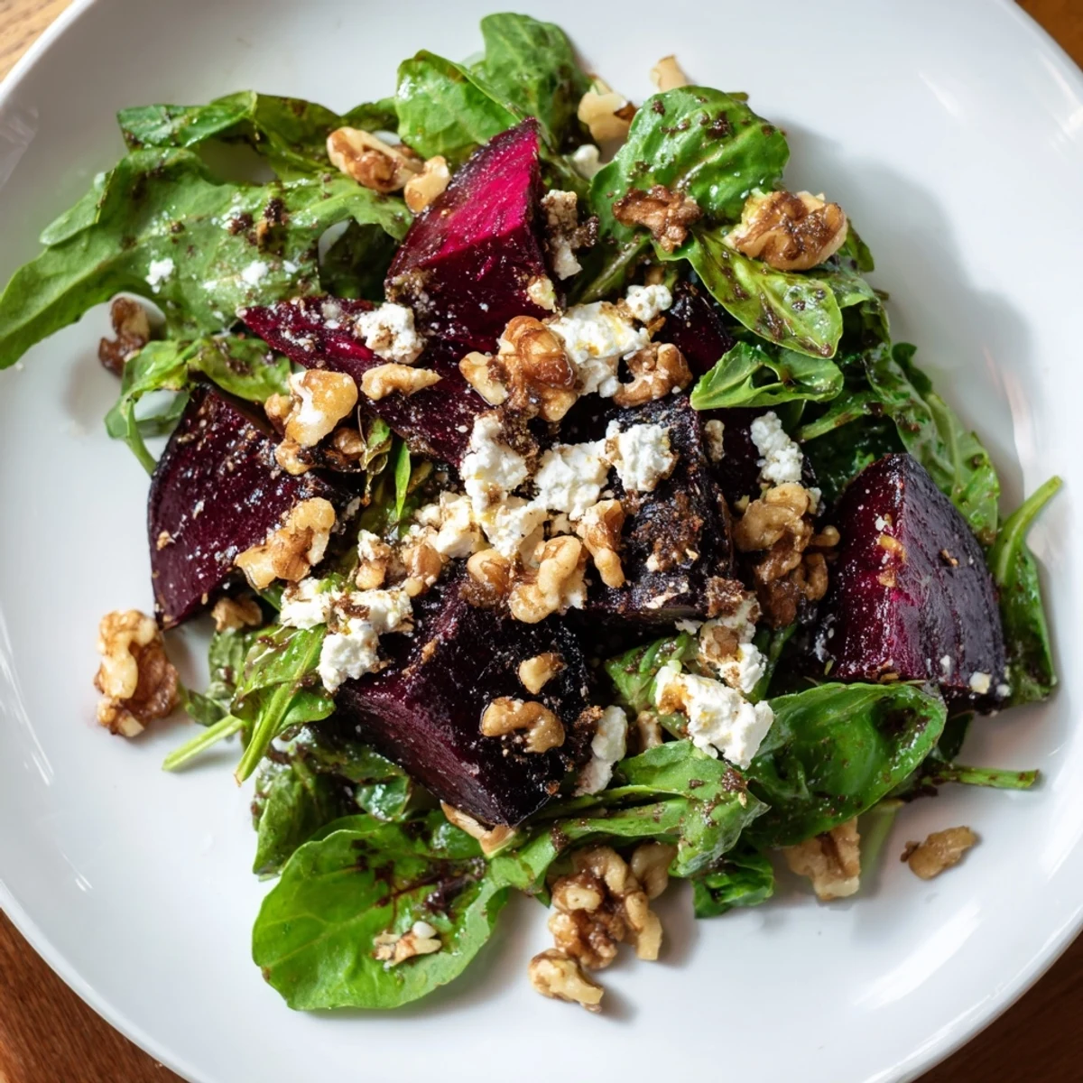 Roasted beet and goat cheese salad with vibrant red beets, creamy cheese, and crunchy walnuts arranged.