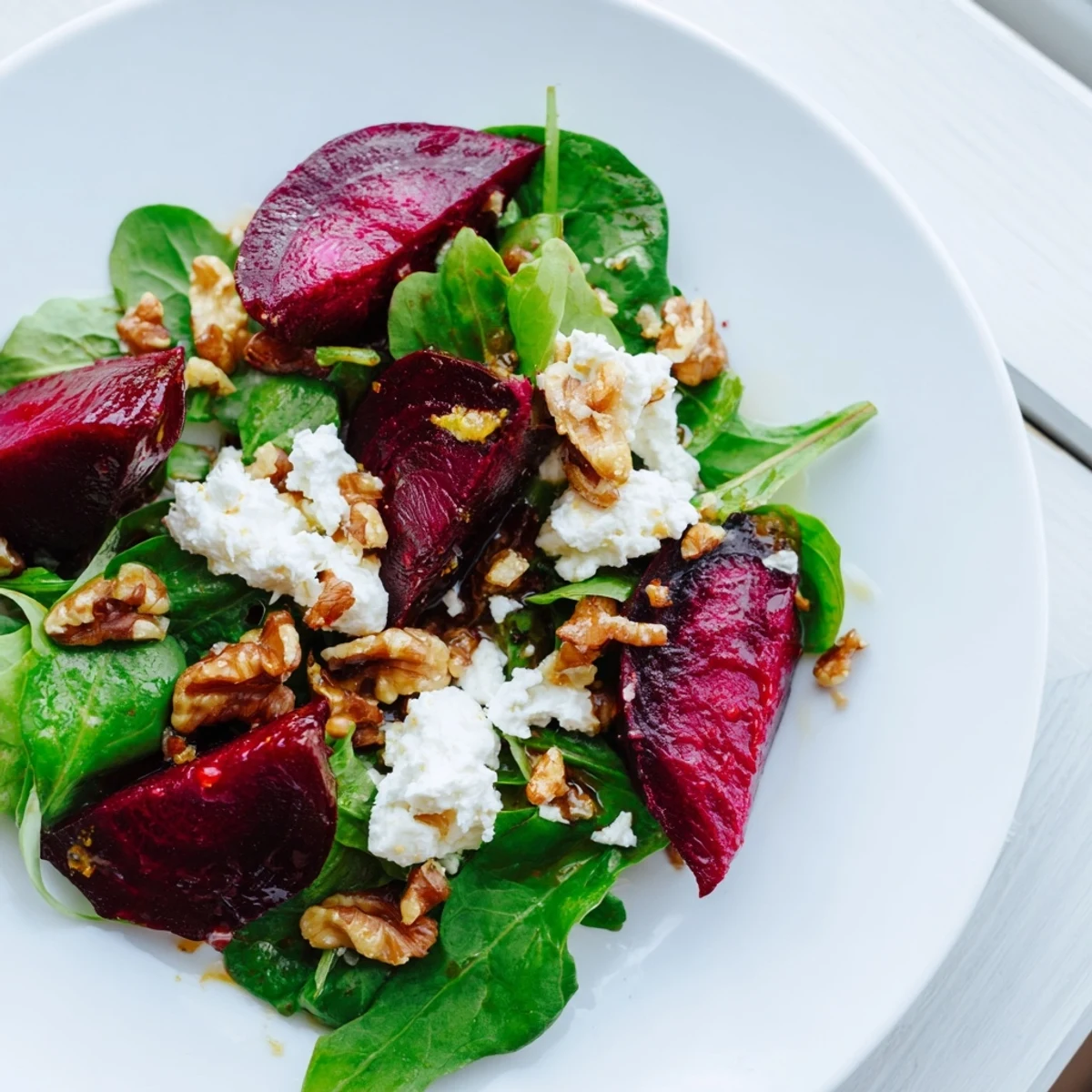 A close-up of a refreshing beet and goat cheese salad ready for serving with a balsamic drizzle.