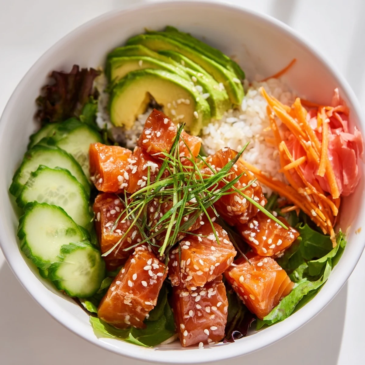 This delightful Poke Bowl Salad features cubed fish nestled atop crisp greens alongside avocado and carrots.