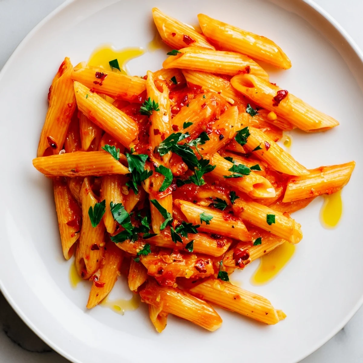 Steaming penne all'arrabbiata topped with fresh parsley, a vibrant, spicy Italian pasta dish.