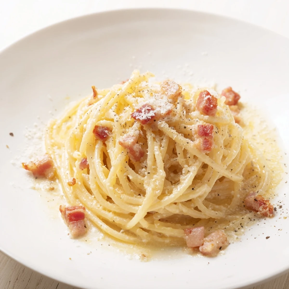 Steaming bowl of express Spaghetti Carbonara: creamy pasta tossed with crispy bacon and Parmesan cheese.