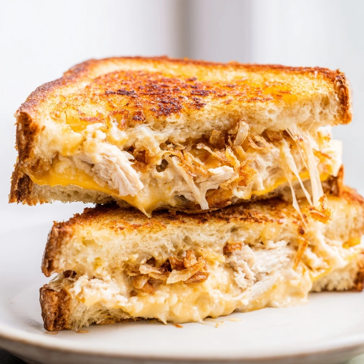 Golden-brown Crispy Shallot Chicken Grilled Cheese with melted cheese oozing out, a delicious sandwich.