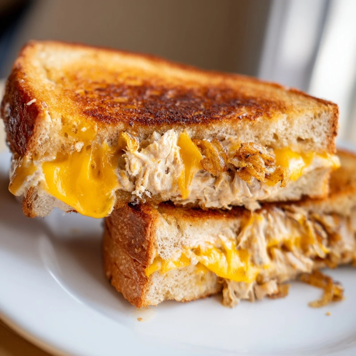 Savory Crispy Shallot Chicken Grilled Cheese, served with a potential tomato soup, ideal for a tasty meal.