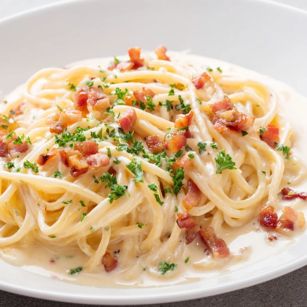 Golden, crispy bacon bits topping the creamy garlic bacon pasta, ready for an Italian-inspired meal.