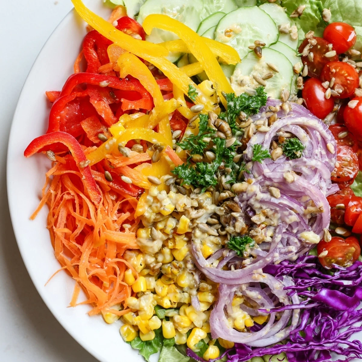 Vibrant rainbow salad bursting with colorful veggies, drizzled with creamy tahini dressing, ready to enjoy.
