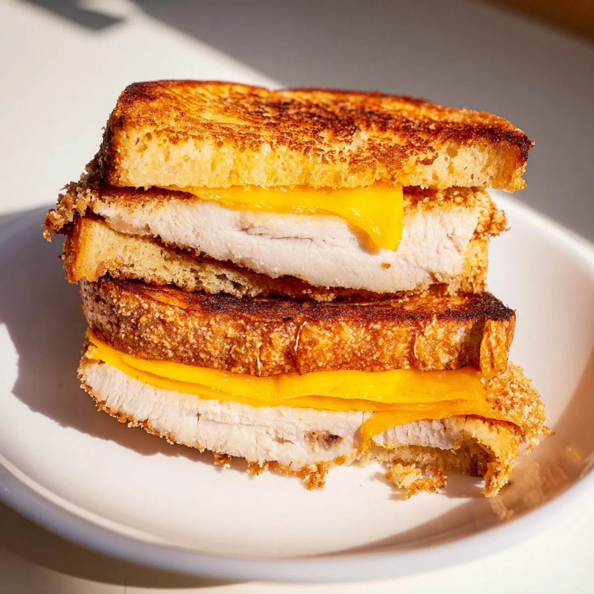 Golden, crispy panko pork chop grilled cheese, oozing cheese, a perfect comfort food sandwich.