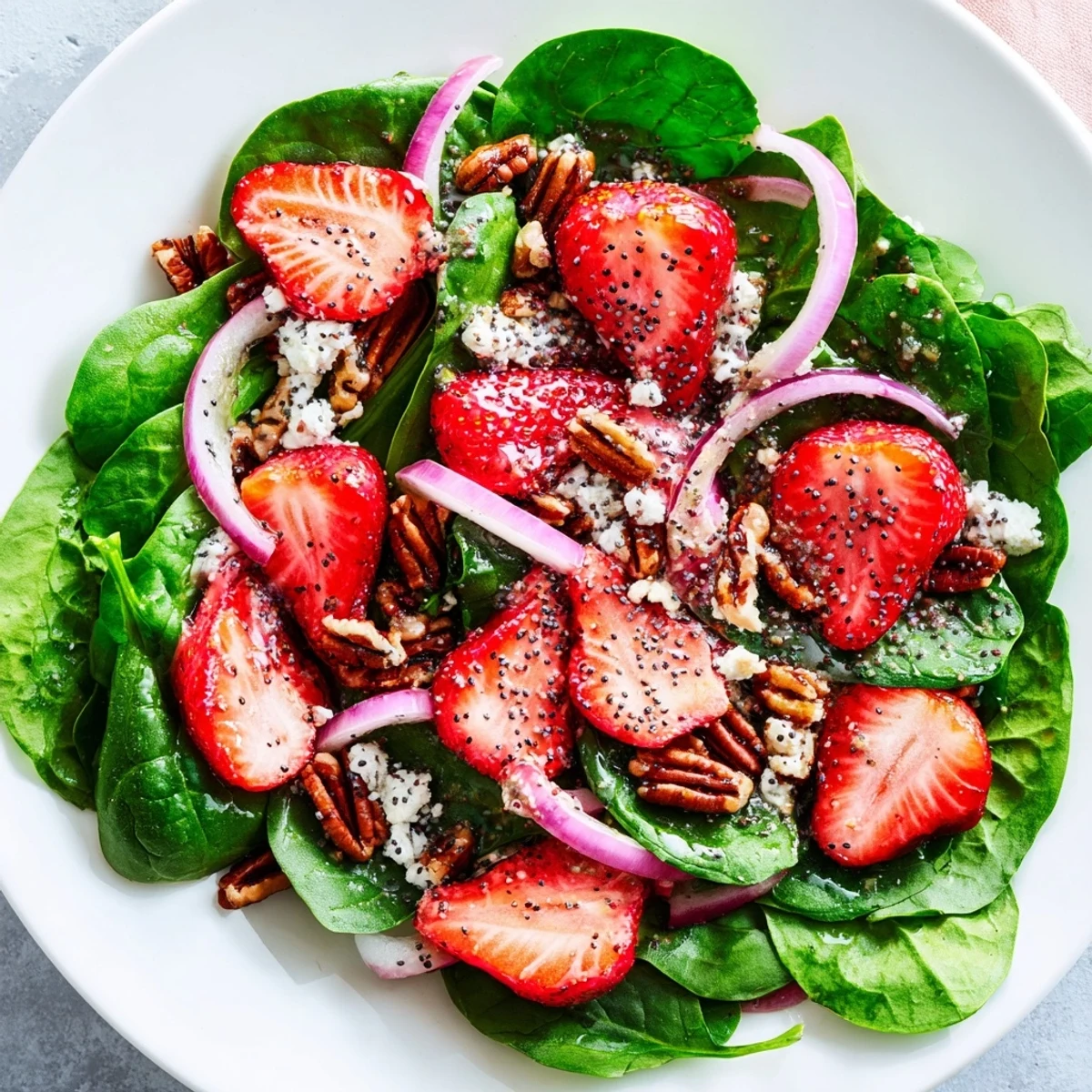 Fresh Spinach Strawberry Salad, tossed with a vibrant poppy seed dressing, ready to enjoy.