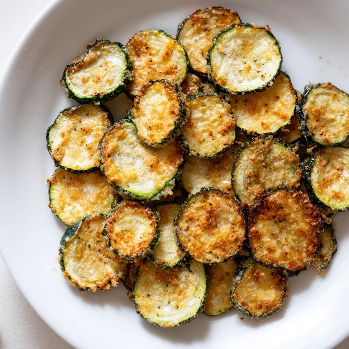 Close-up of freshly baked crispy zucchini chips offering a beautiful, satisfying crunch for this snack.