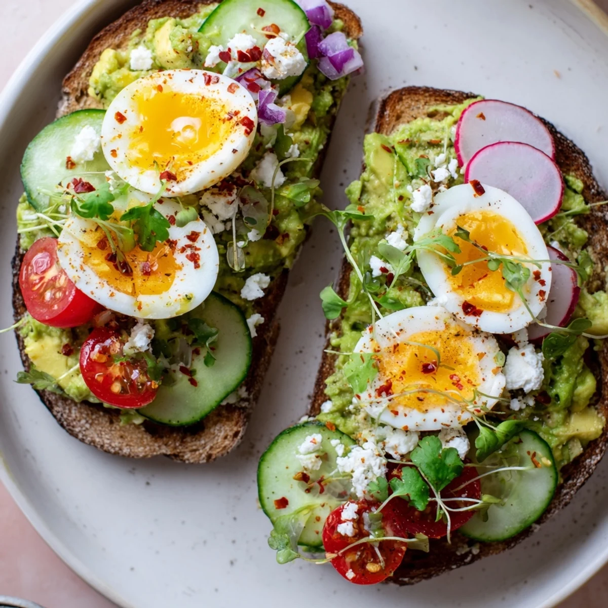 Enjoy a close-up of colorful Loaded Avocado Toast featuring perfectly placed feta and fresh, crisp vegetables.