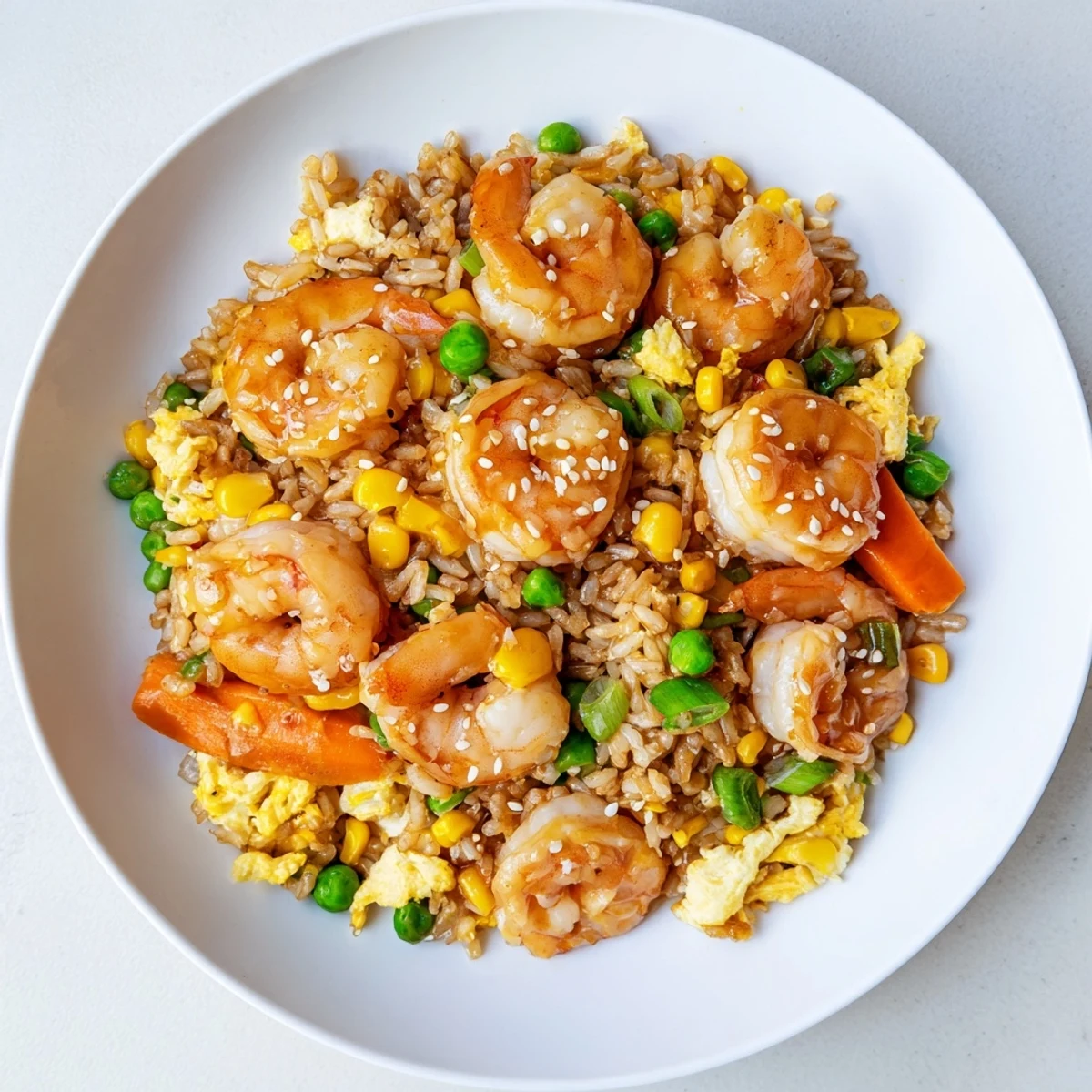 Golden shrimp fried rice with plump shrimp and fluffy rice, ready to serve and enjoy.