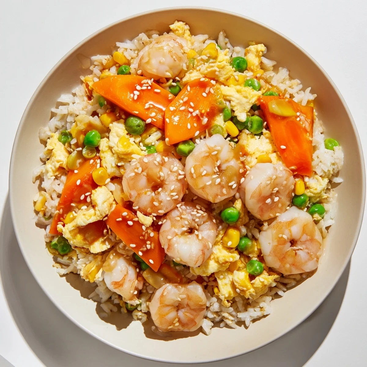A steaming bowl of flavorful shrimp fried rice, showcasing colorful vegetables and savory sauce.