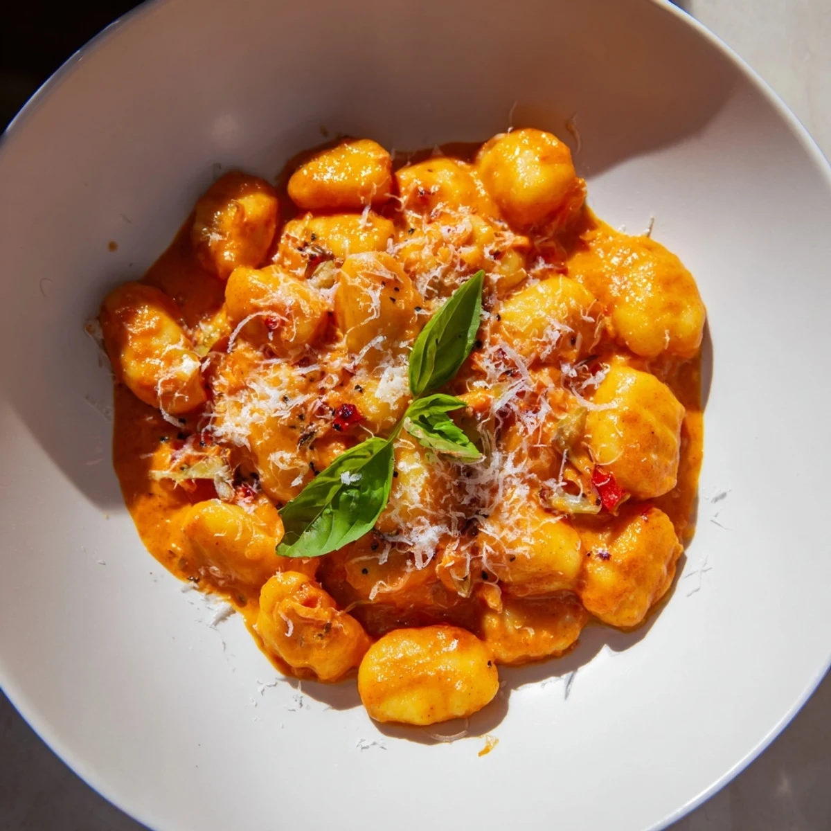 Creamy tomato gnocchi bubbling in a skillet, topped with fresh basil and Parmesan cheese.