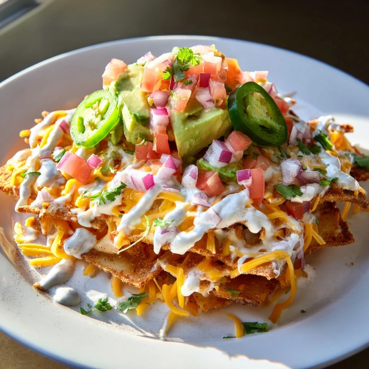 A close-up of pasta chips nachos with bubbling cheese and a creamy sauce drizzled over the top.