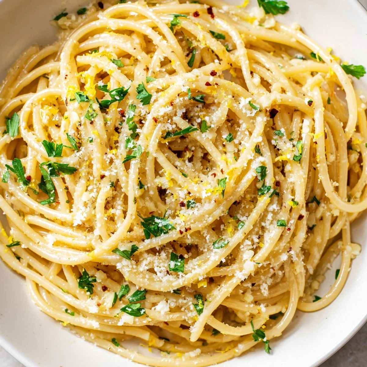 Golden garlic butter noodles, ready to eat, with fresh parsley and Parmesan cheese.