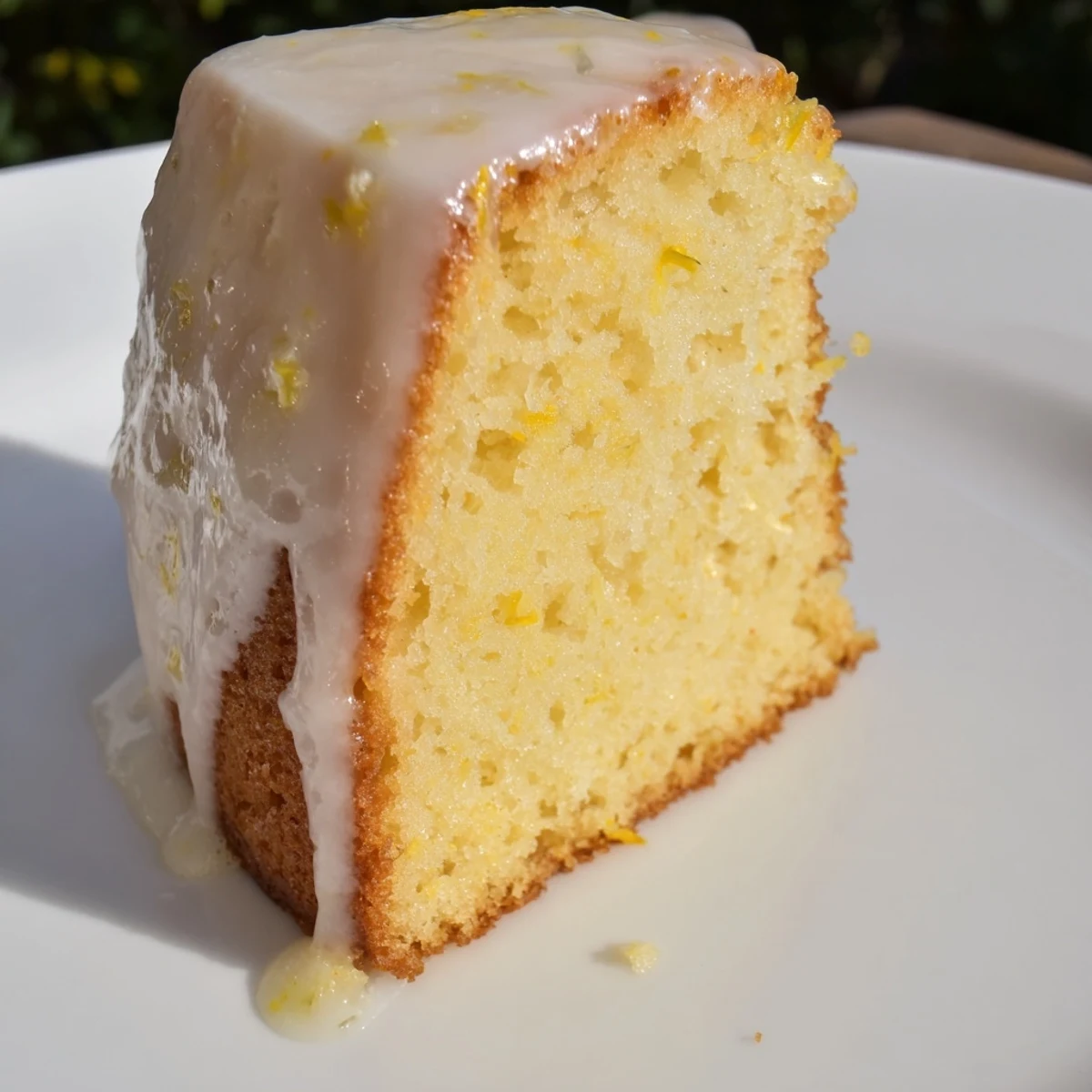 Golden-brown lemon yogurt cake, showcasing its moist texture and bright lemon zest flavor.