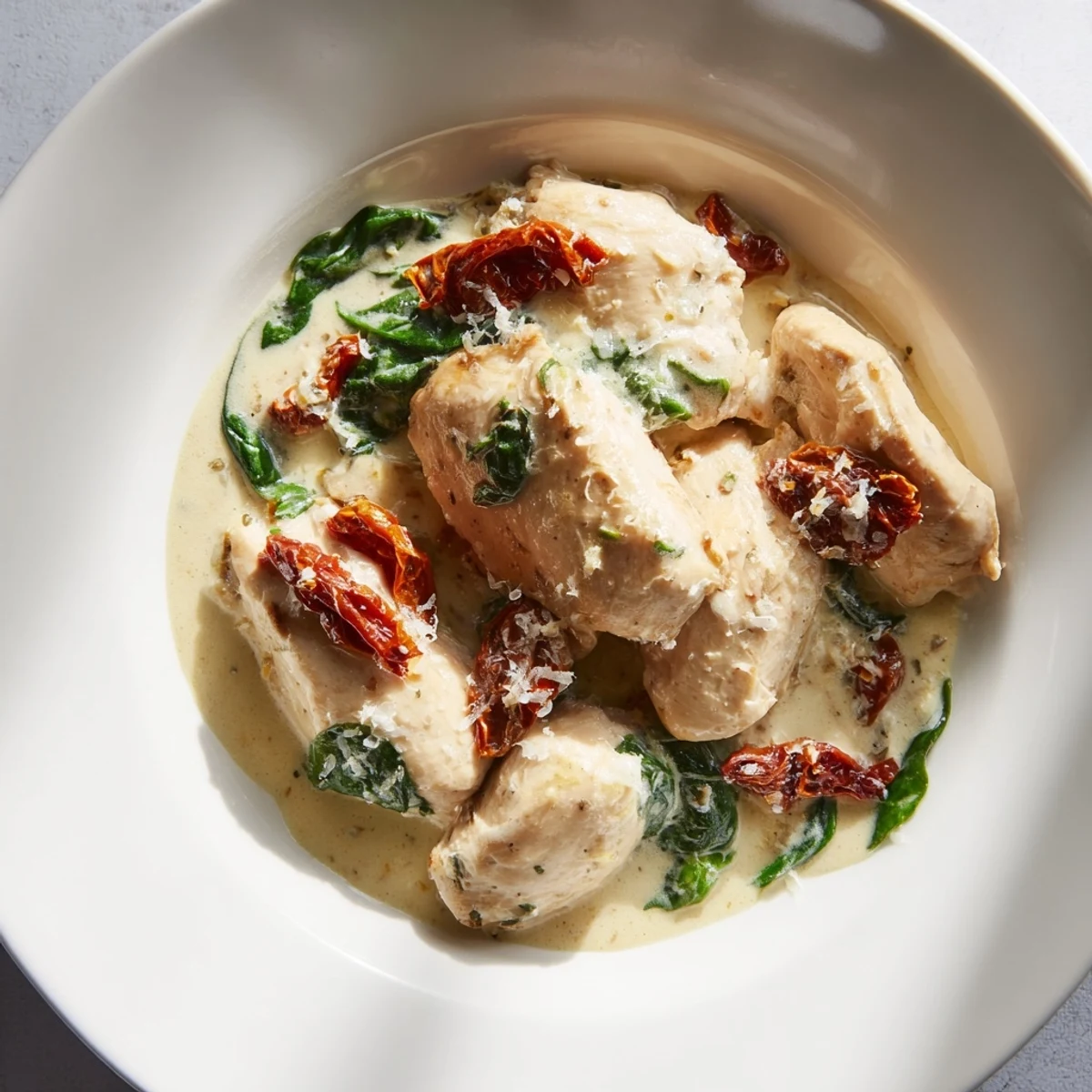 This one-pan Creamy Tuscan Chicken simmers with fresh spinach; a satisfying Italian-American dinner.