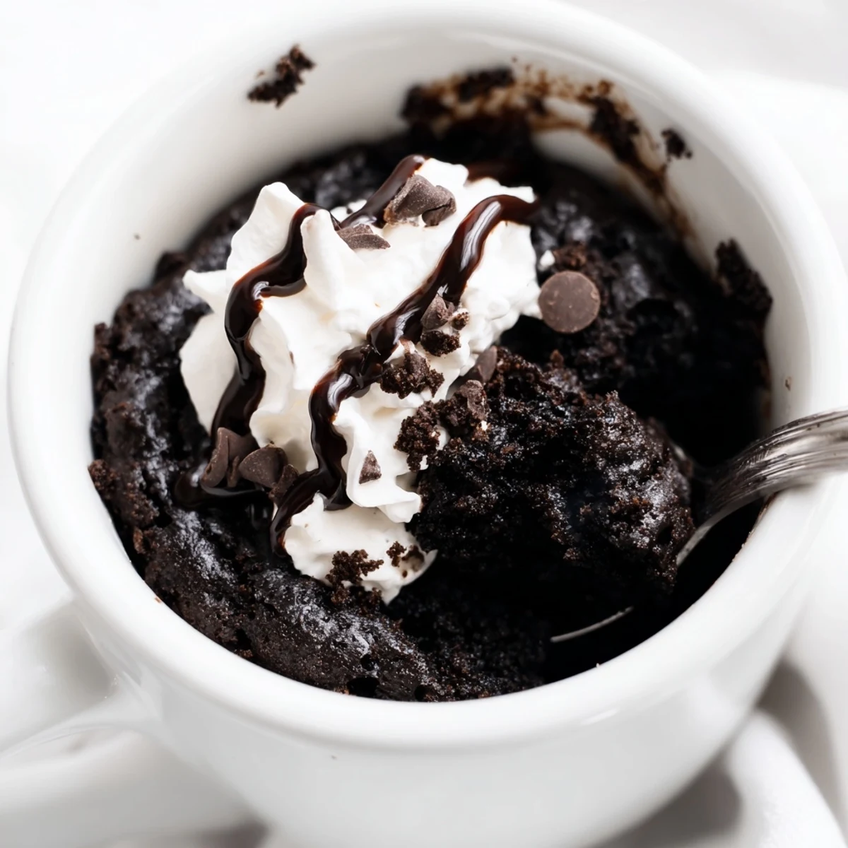 A close-up of a warm, fudgy Oreo Mug Cake topped with whipped cream, ready to eat.