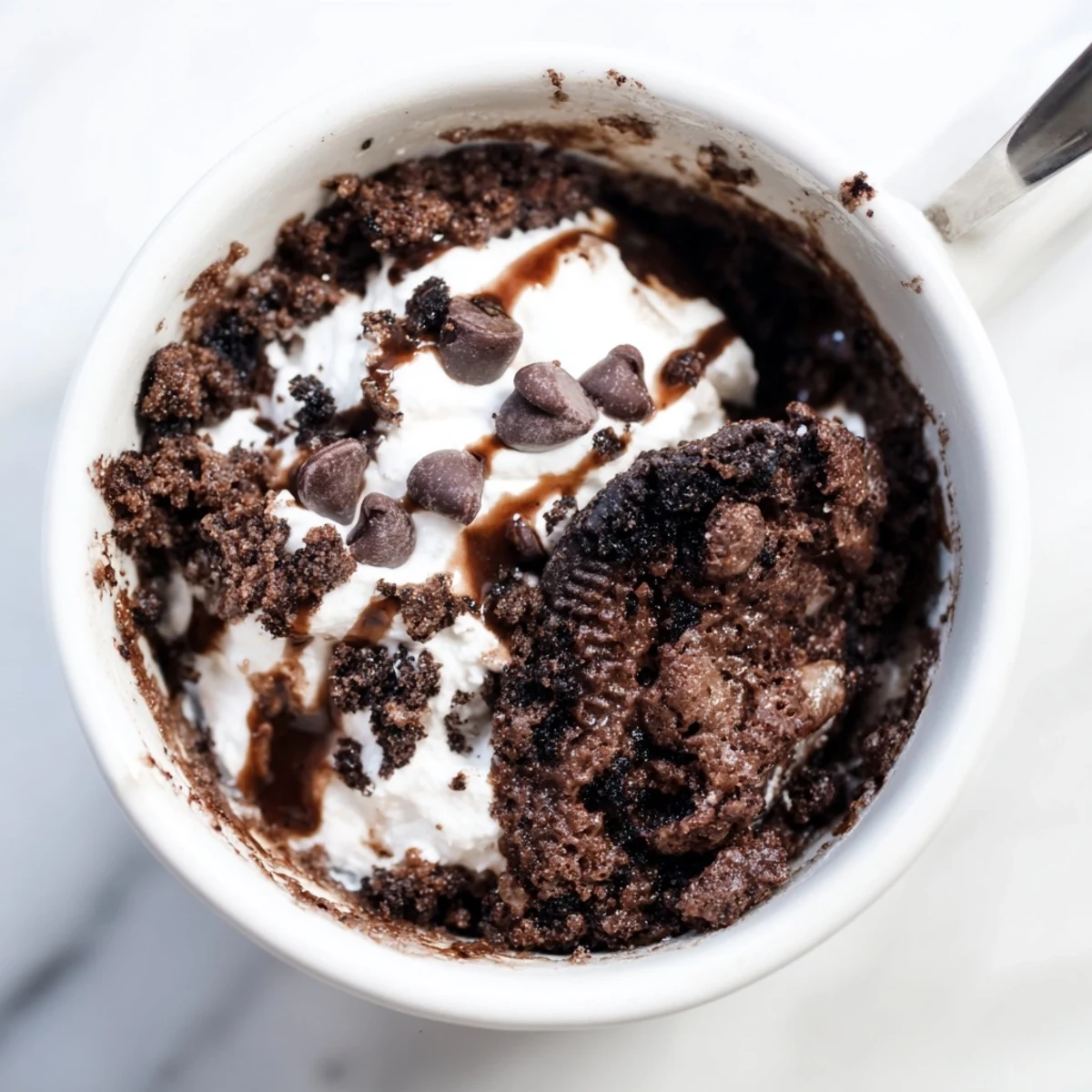 Steaming hot, this simple Oreo Mug Cake shows a perfectly risen dessert, ready in minutes.