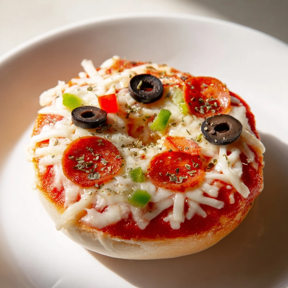 A close-up of air-fried mini bagel pizzas featuring mozzarella, pepperoni, and olives.
