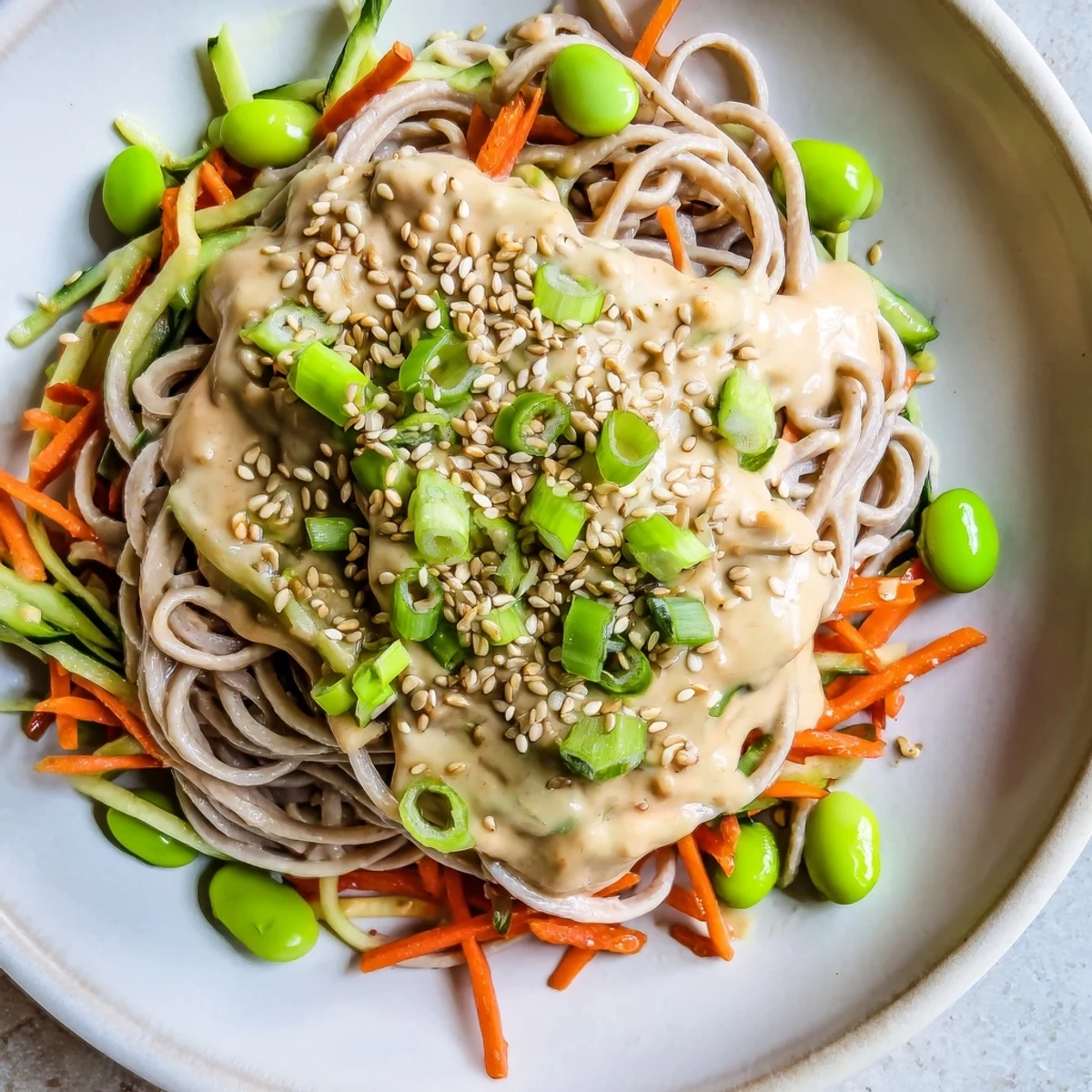 Creamy Asian Sesame Noodle Salad, a visually appealing, refreshing salad with sesame dressing and crunchy vegetables.
