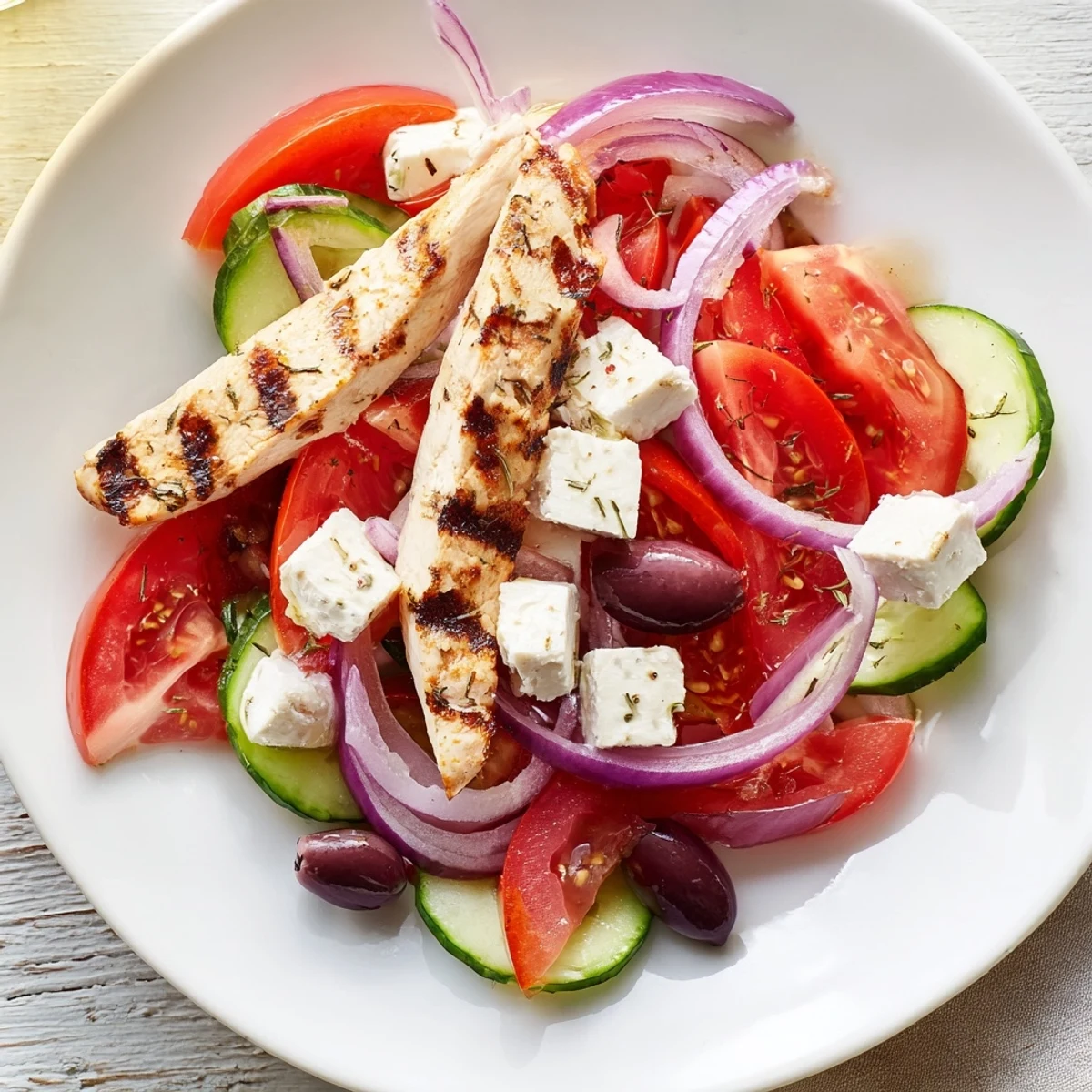 This Greek salad with grilled chicken showcases juicy chicken atop vibrant vegetables, drizzled with olive oil dressing.