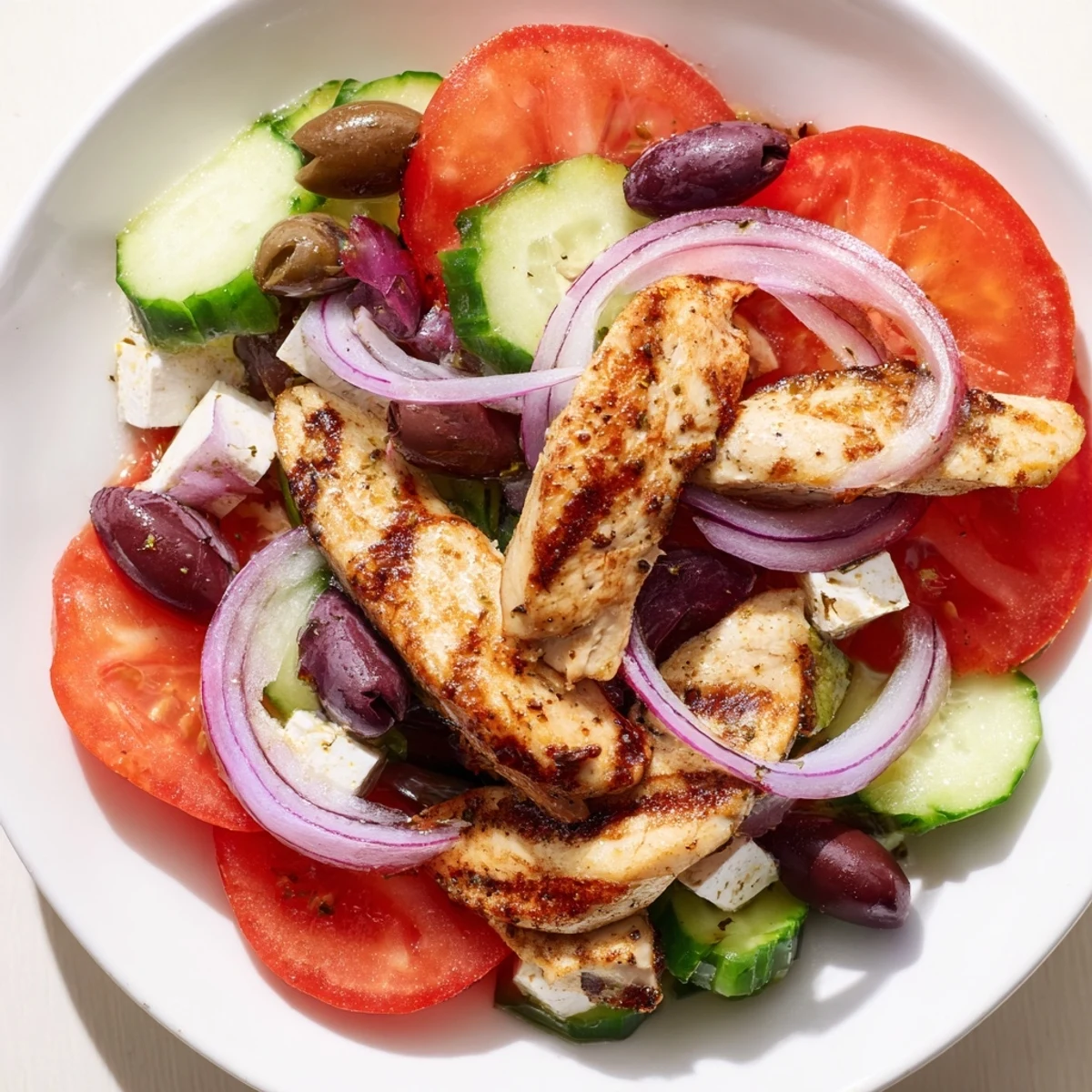 Greek salad with grilled chicken, a colorful medley of fresh ingredients and flavorful grilled chicken.