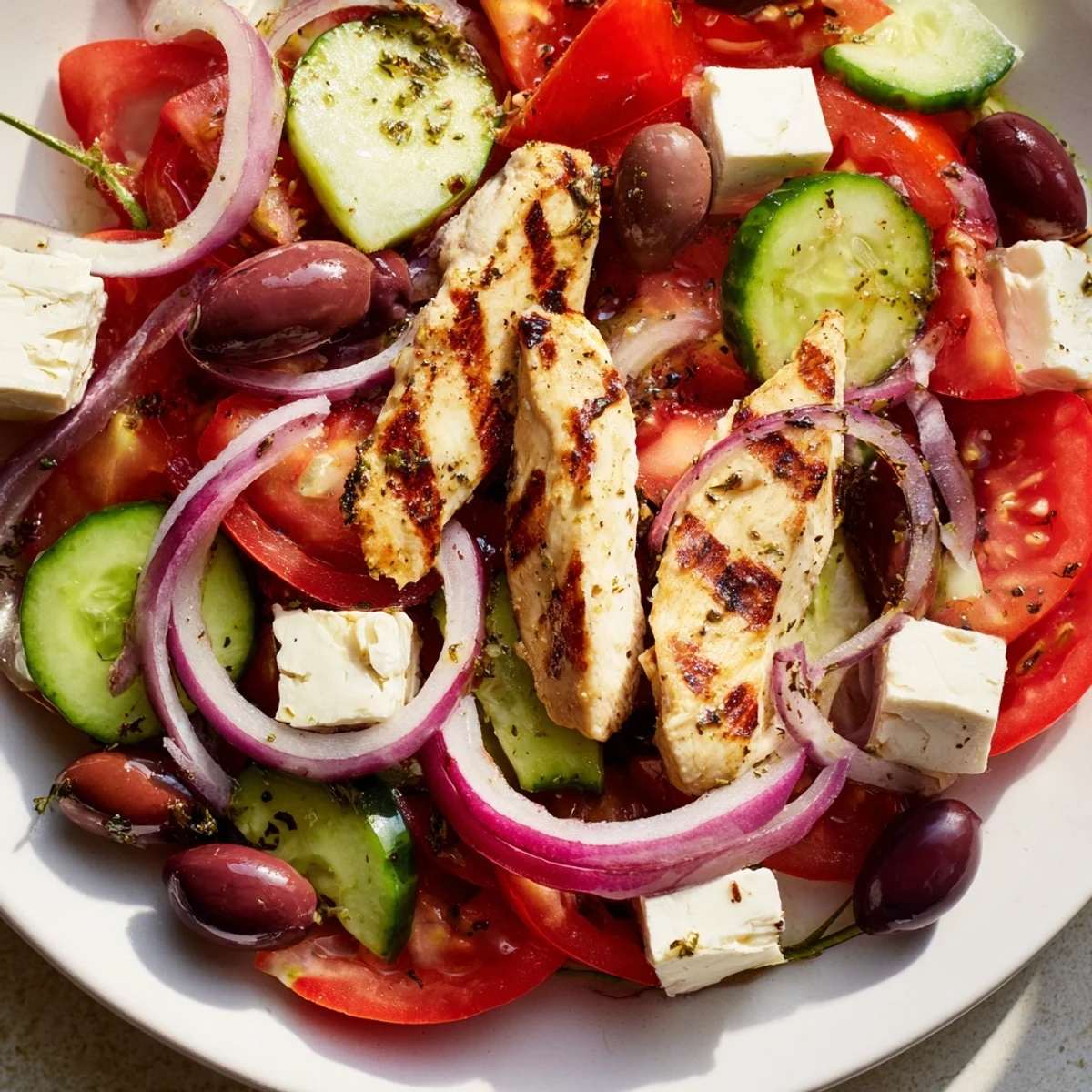 A close-up photo of Greek salad with grilled chicken, ready to eat alongside a refreshing Mediterranean meal.