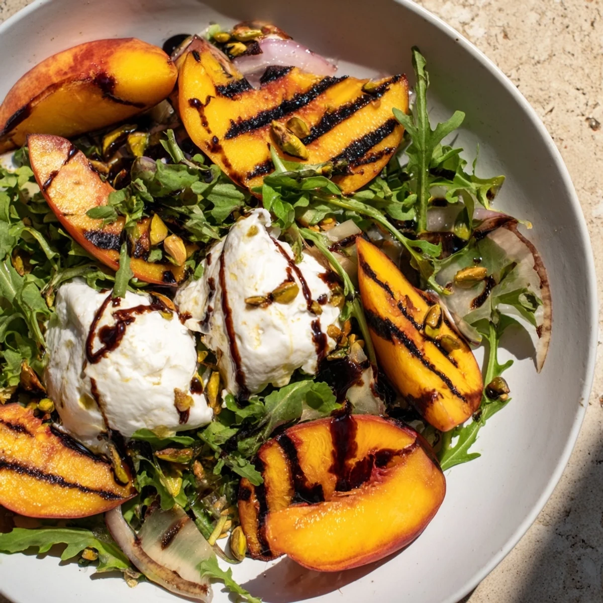 Grilled Peach Salad with charred peaches, creamy burrata, and balsamic glaze; a summer delight.