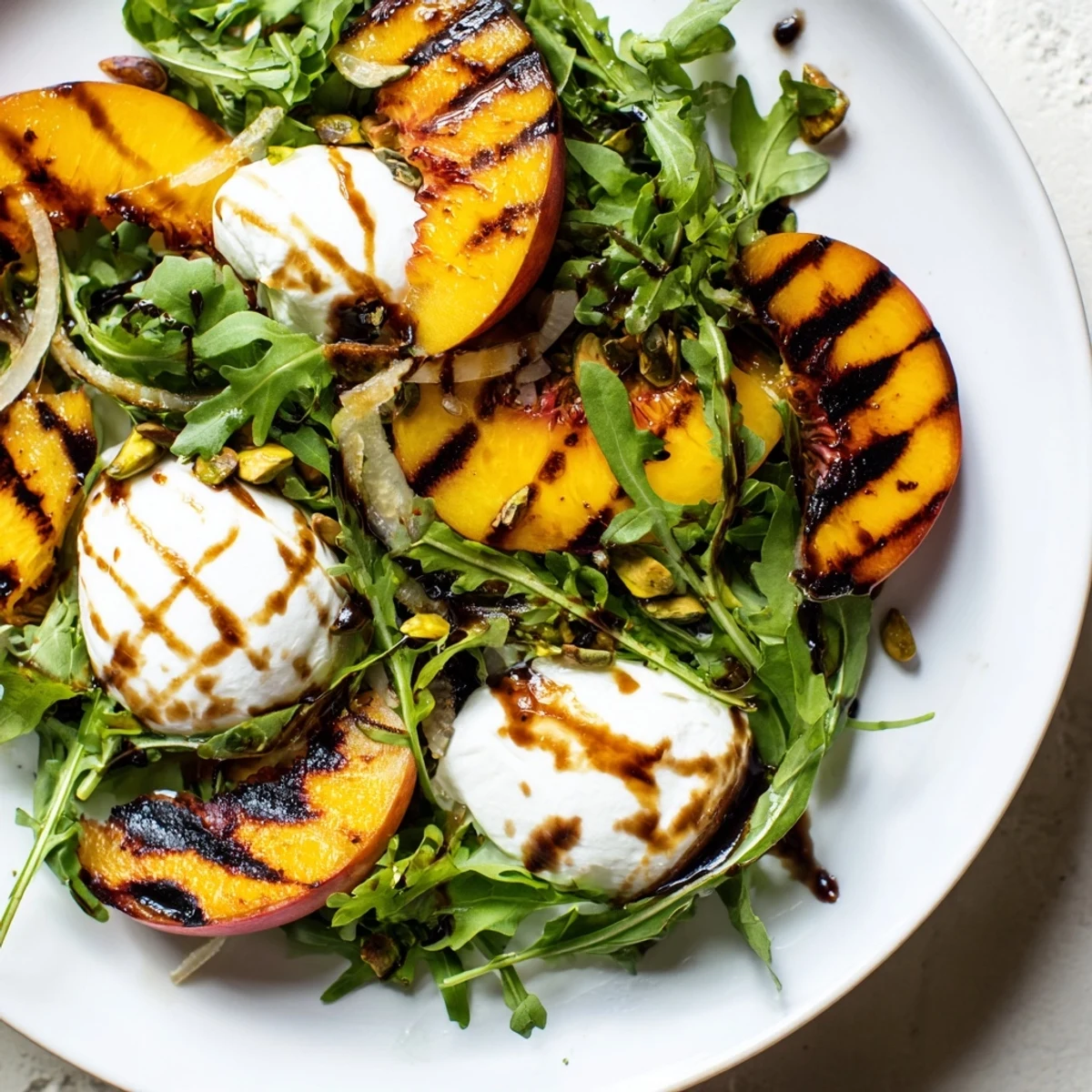 Freshly grilled Peach Salad, featuring vibrant arugula and soft burrata, ready to serve and enjoy.