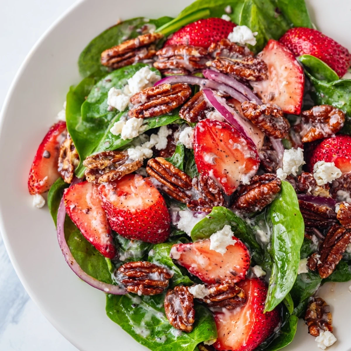 Fresh strawberry spinach salad bursting with color, topped with candied pecans and poppy seed dressing.