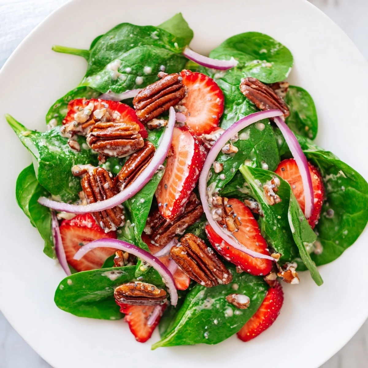 Bright and inviting: A perfect bowl of strawberry spinach salad, ideal for a summer lunch.