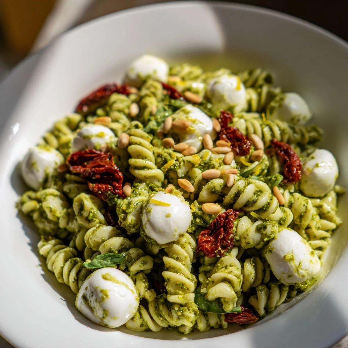 A colorful bowl of pesto pasta salad, perfect for summer gatherings, showcasing fresh basil and cheese.