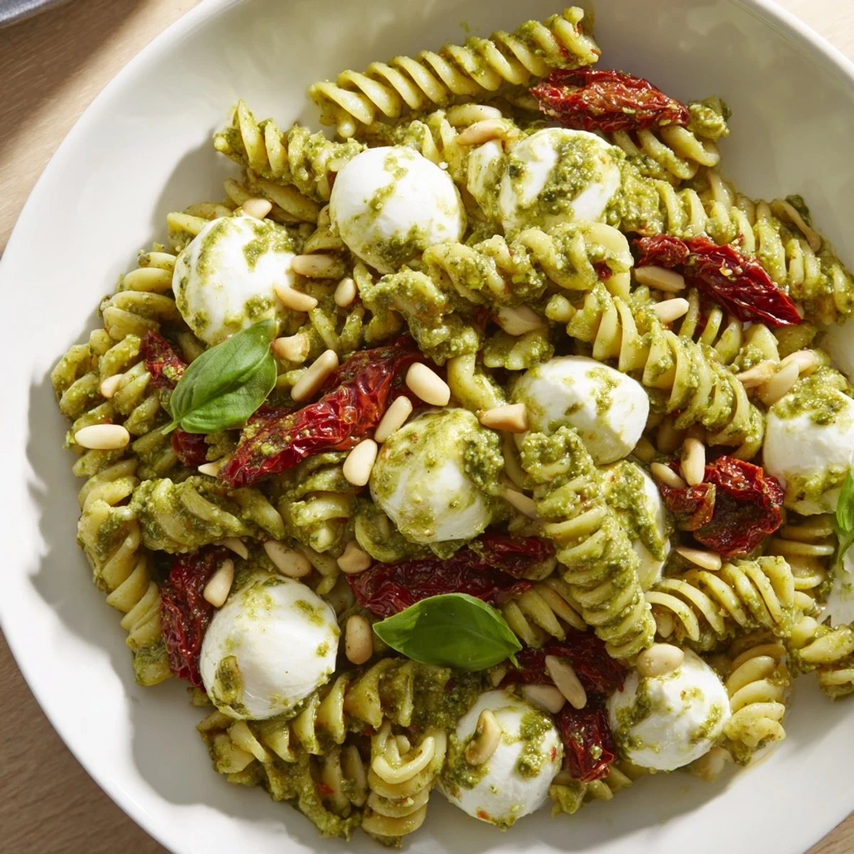 Vibrant pesto pasta salad with sun-dried tomatoes, mozzarella, and toasted pine nuts is ready to serve.