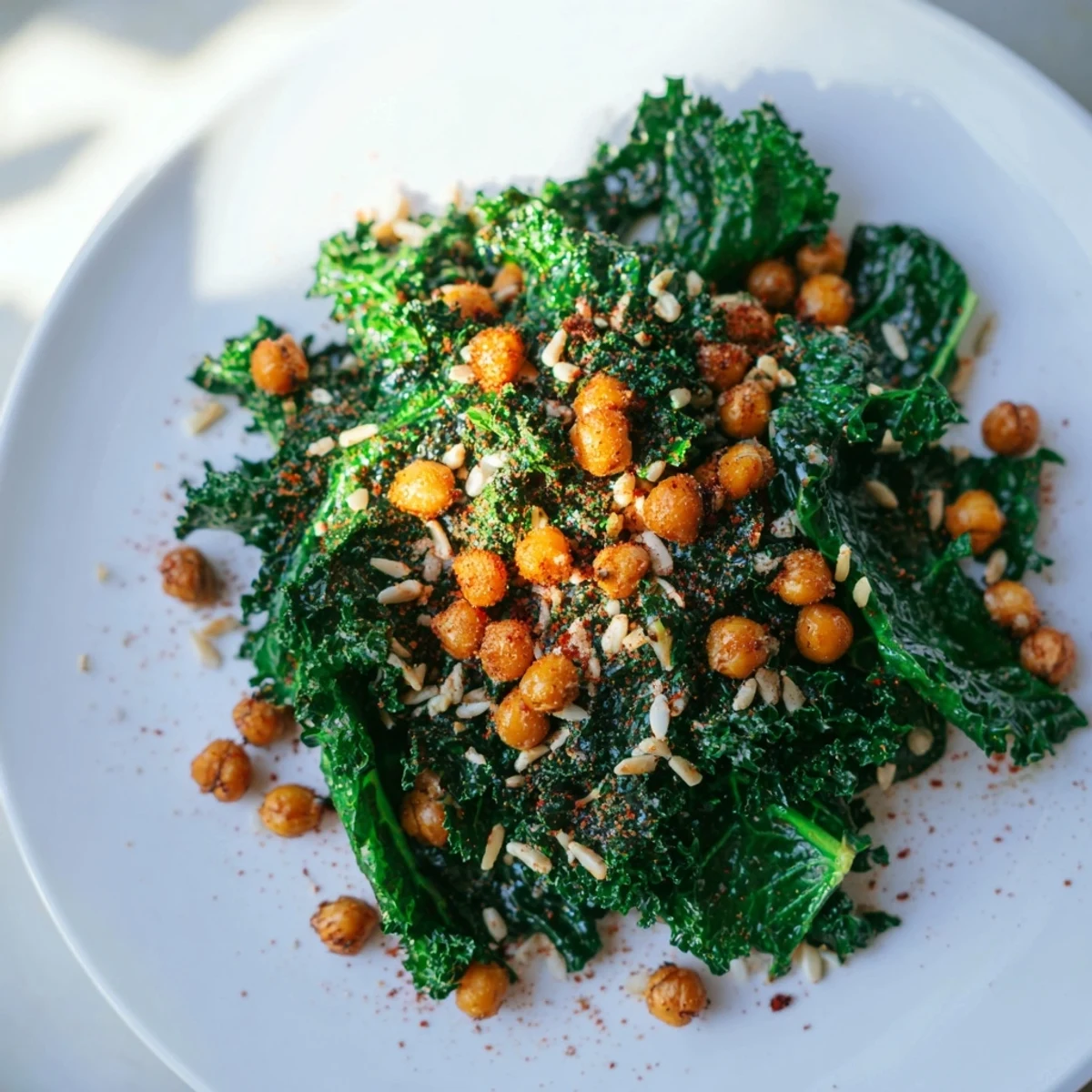 Warm Kale Salad with Crispy Chickpeas, a colorful dish with crunchy chickpeas and bright lemon dressing.