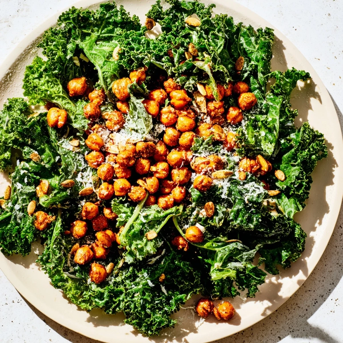 This Warm Kale Salad with Crispy Chickpeas features toasted chickpeas atop a vibrant green kale bed.