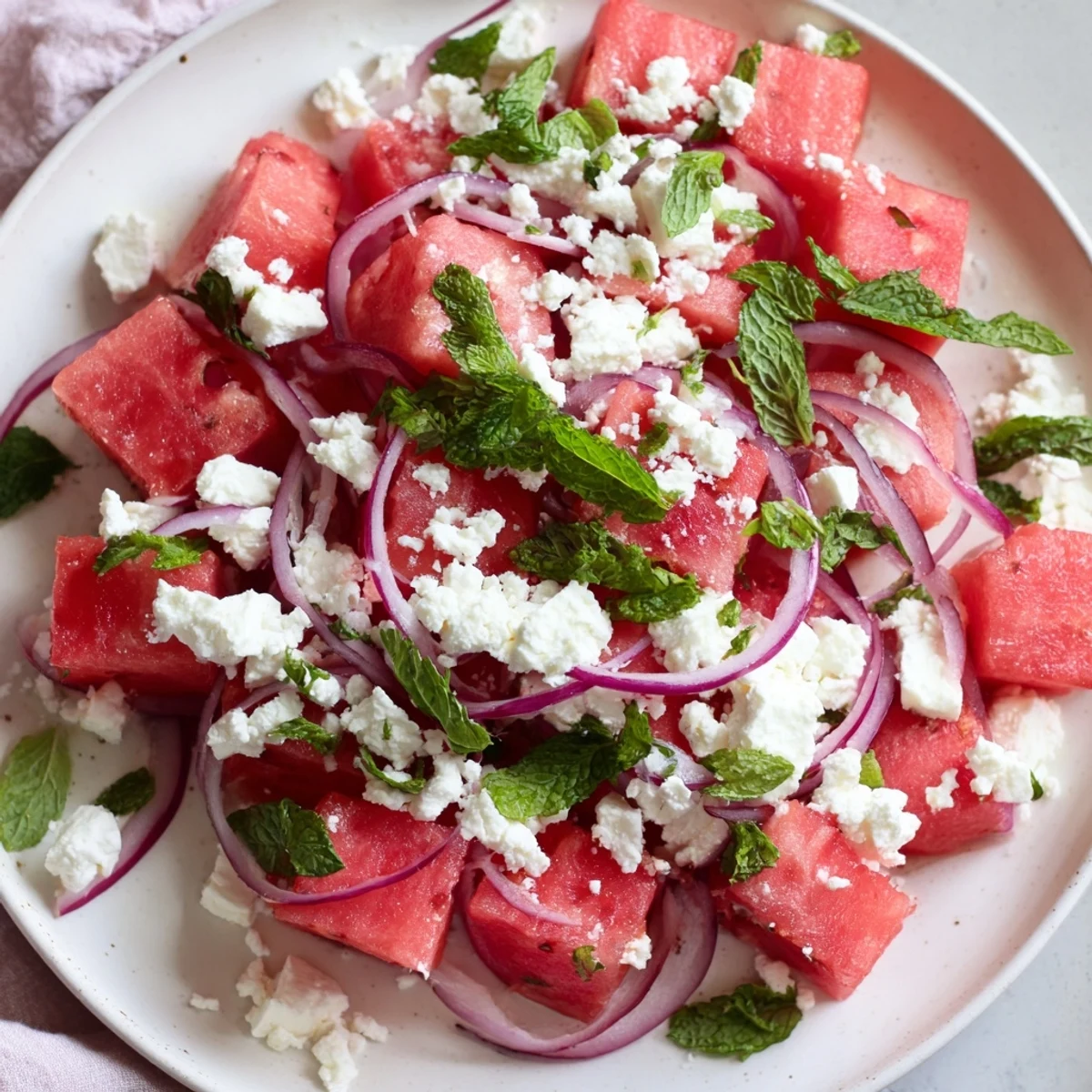 Watermelon Feta Salad with vibrant red watermelon and creamy feta, ready to enjoy.