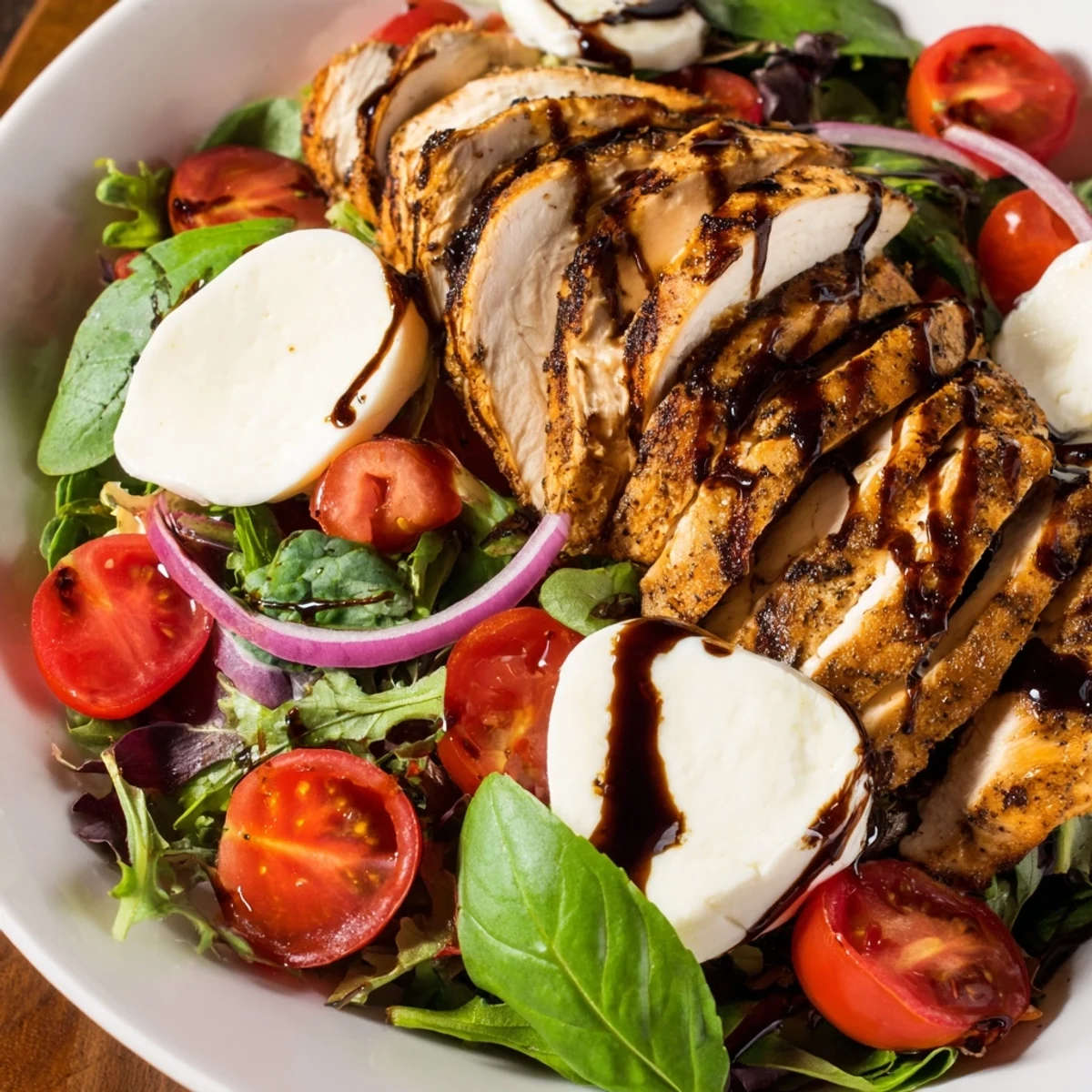 Grilled Caprese Chicken Salad with sliced tomatoes, mozzarella, and a balsamic glaze, a perfect summer lunch.