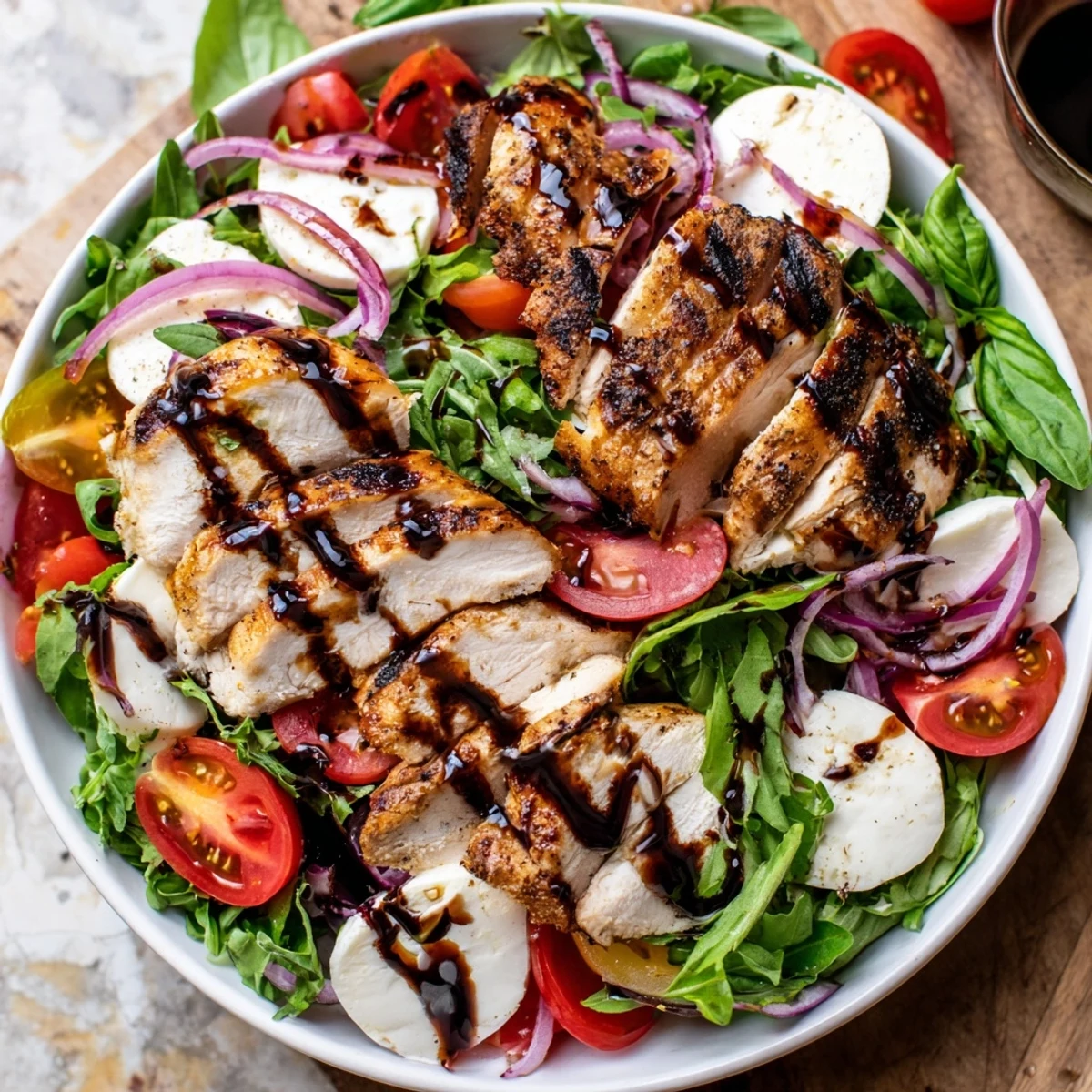 Visualize the fresh Caprese Chicken Salad, a delightful medley of flavors, featuring grilled chicken and ripe tomatoes.