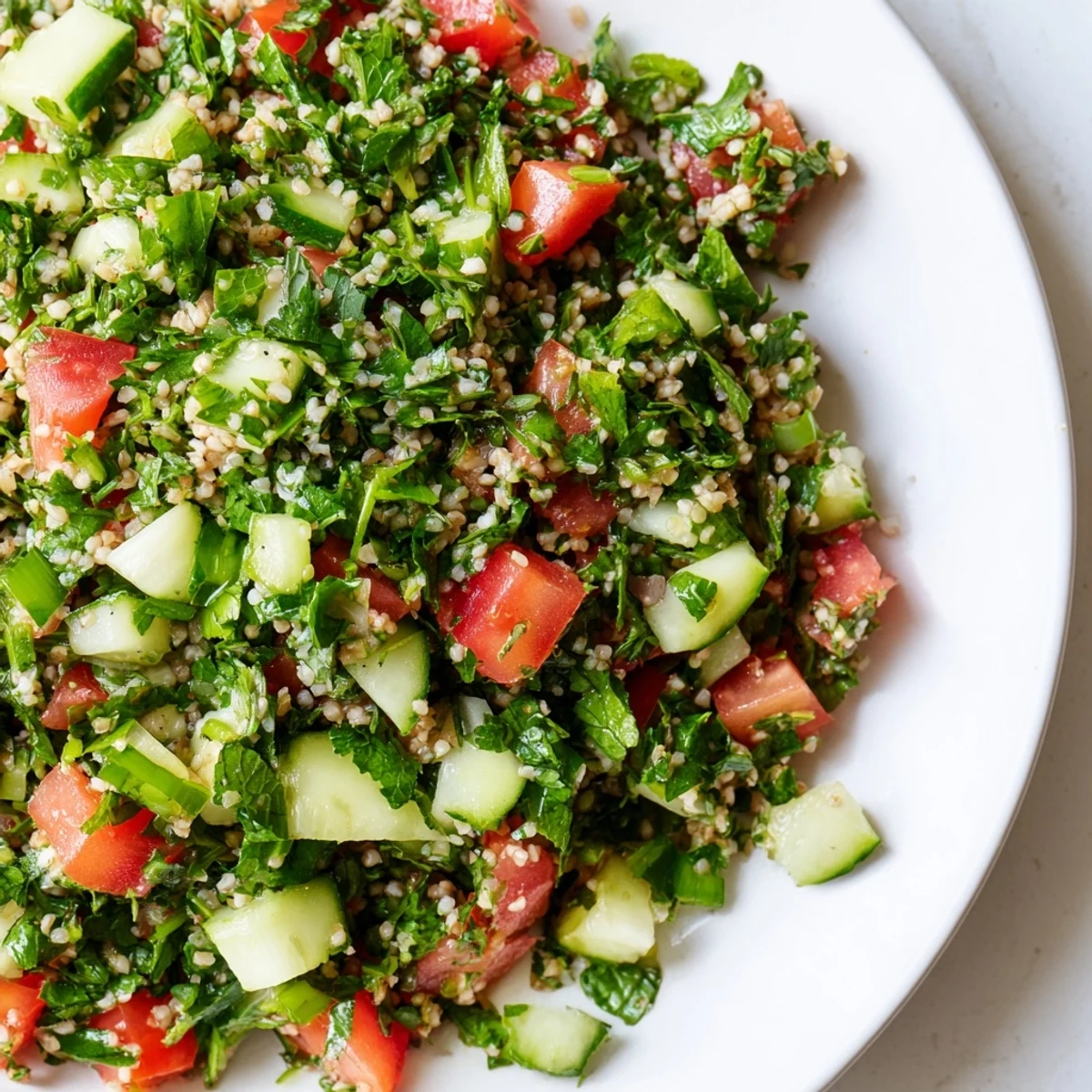 Close-up of a colorful bowl of Lebanese Tabbouleh, a refreshing vegan salad, ready to serve and enjoy.