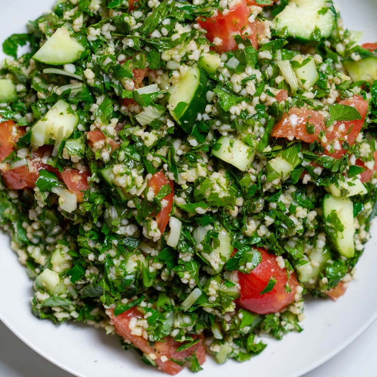 Vibrant Lebanese Tabbouleh Salad overflowing with chopped parsley, tomatoes, and a bright lemon dressing.