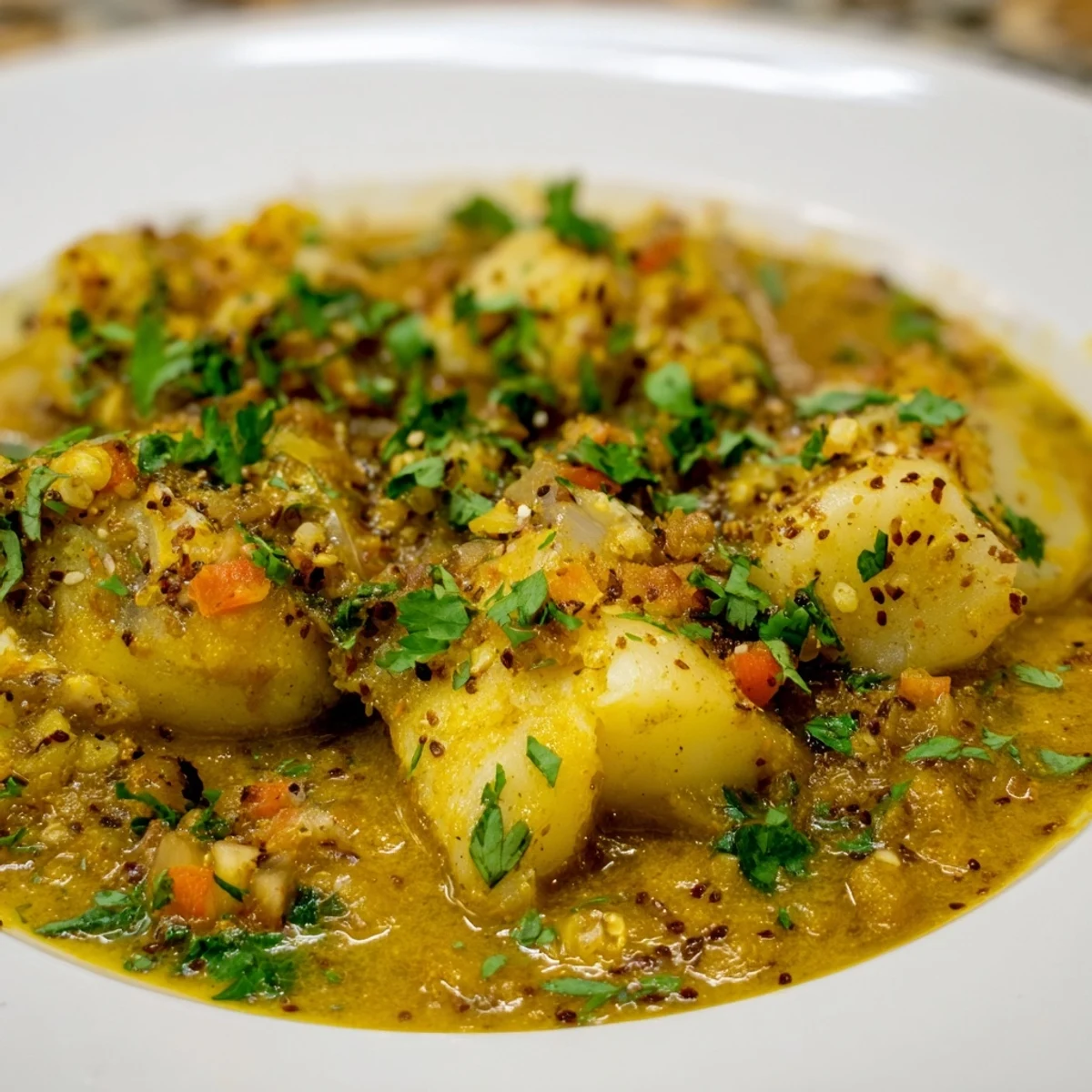 Tender chunks of white fish in a rich, creamy Bahraini Fish Curry, ready to serve with rice.