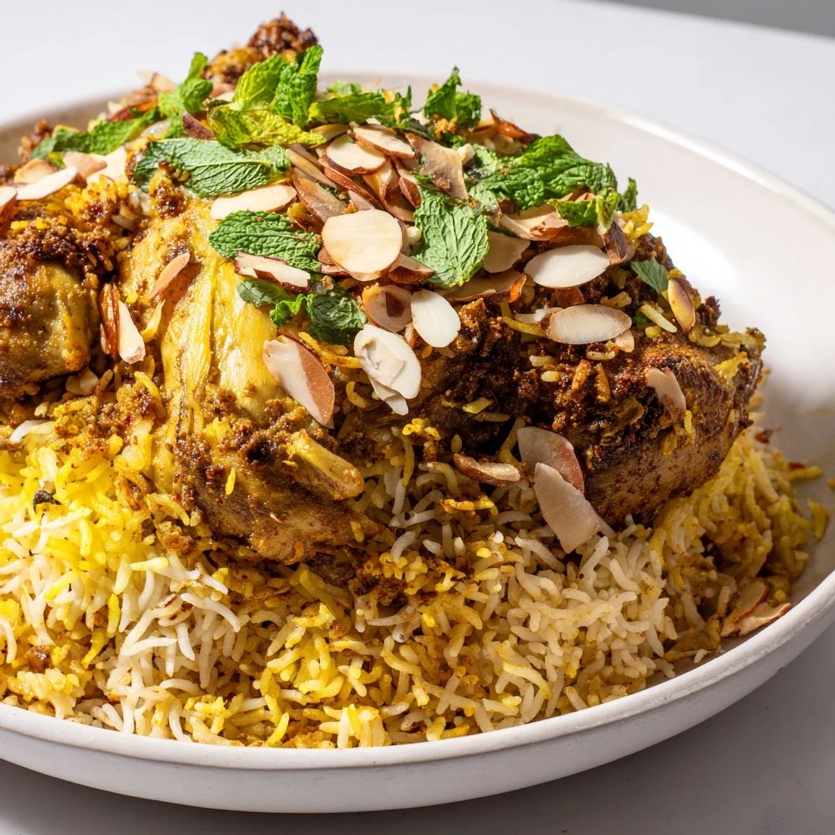 Steaming hot Kuwaiti Biryani Rice, served with fluffy basmati rice, tender meat, and aromatic spices; a flavorful meal.