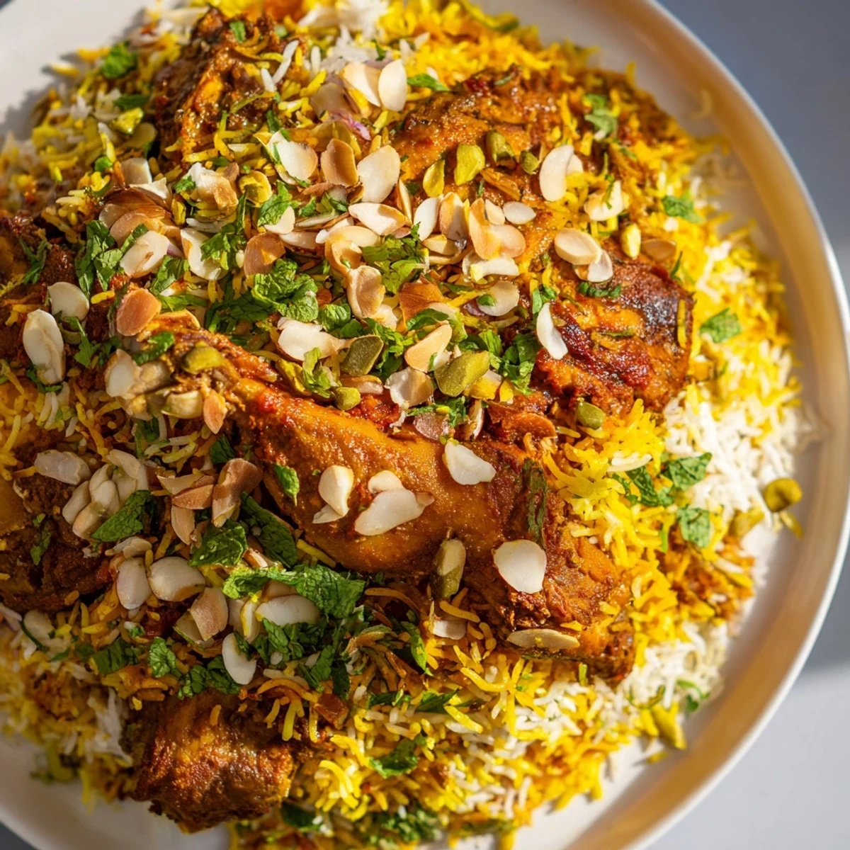 Golden-colored Kuwaiti Biryani Rice served on a platter, ready to be enjoyed with flavorful, tender meat.