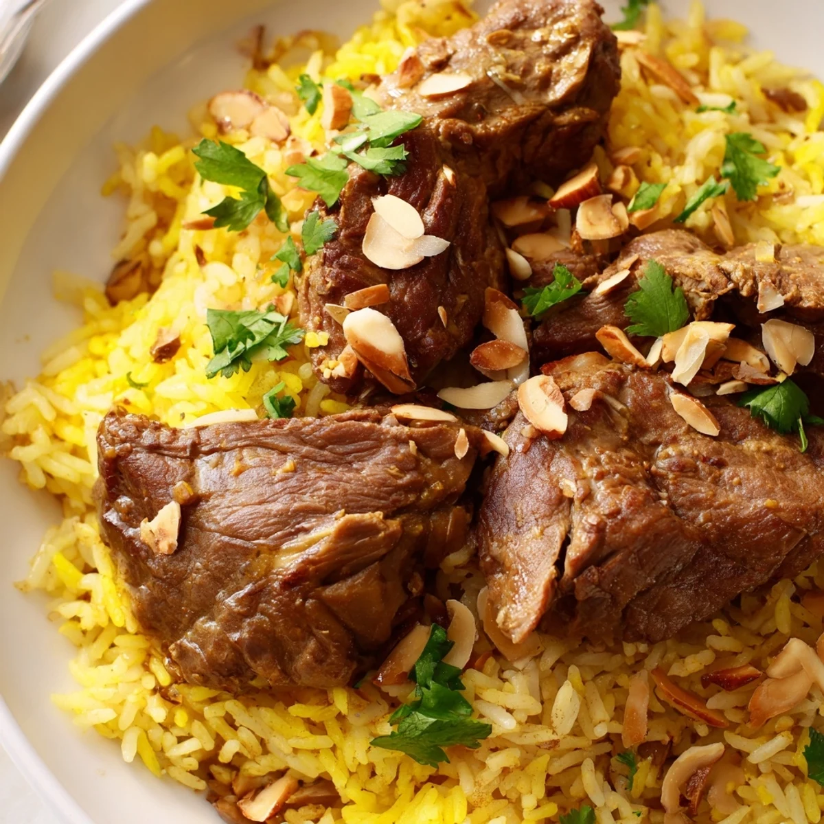 A close-up view of a Qatari Majboos platter, showcasing the rich spices and succulent lamb pieces.