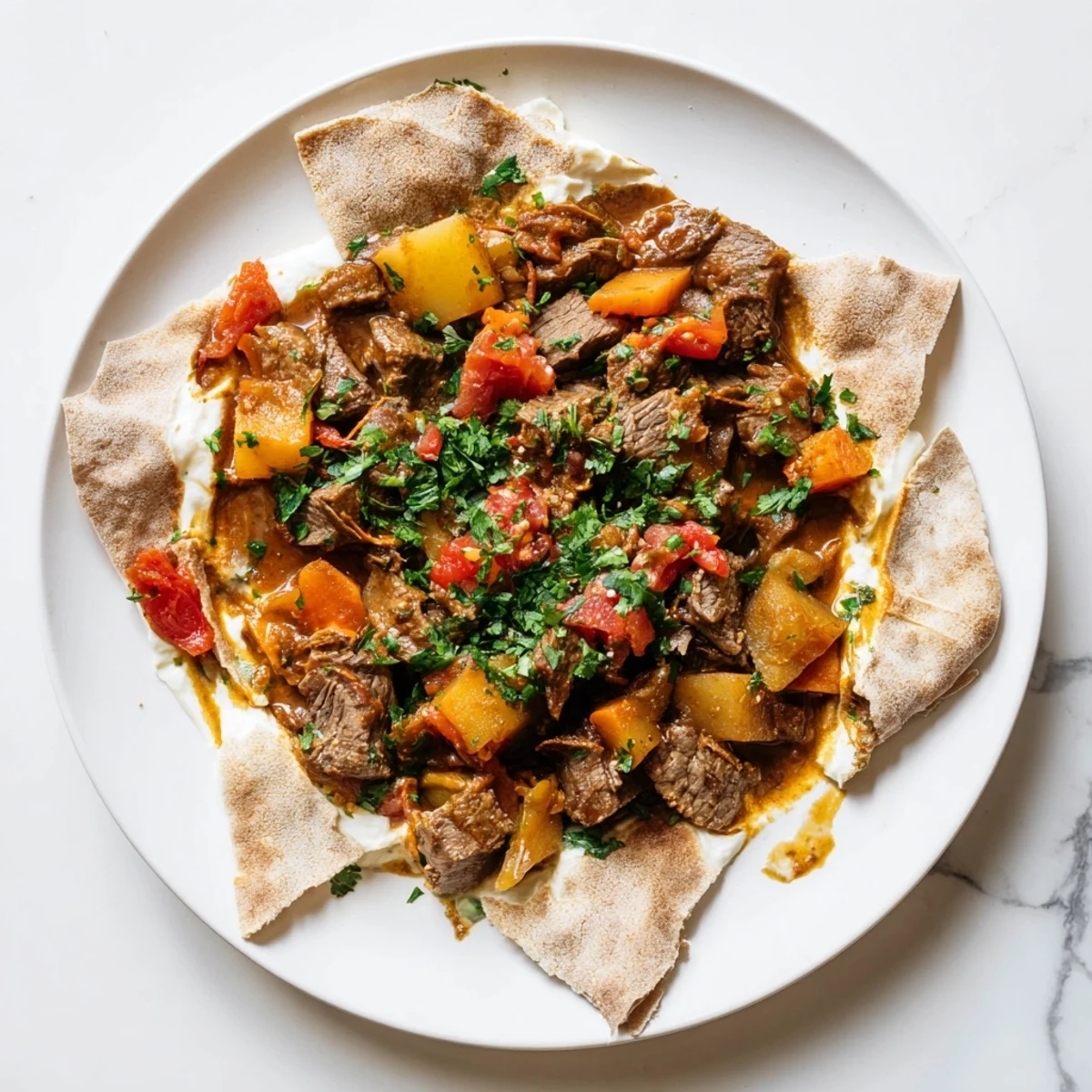 Flavorful Yemeni Saltah, rich meat stew served atop soaked bread, ready for a delicious bite.