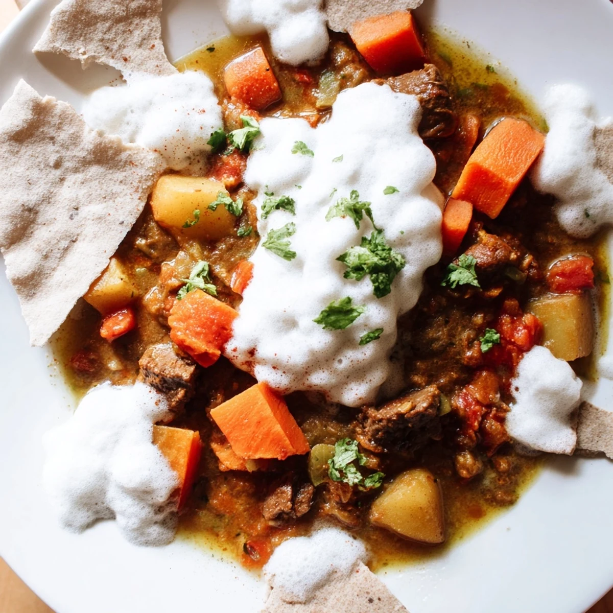 Freshly prepared Yemeni Saltah stew filled with tender meat, vegetables, and creamy fenugreek.
