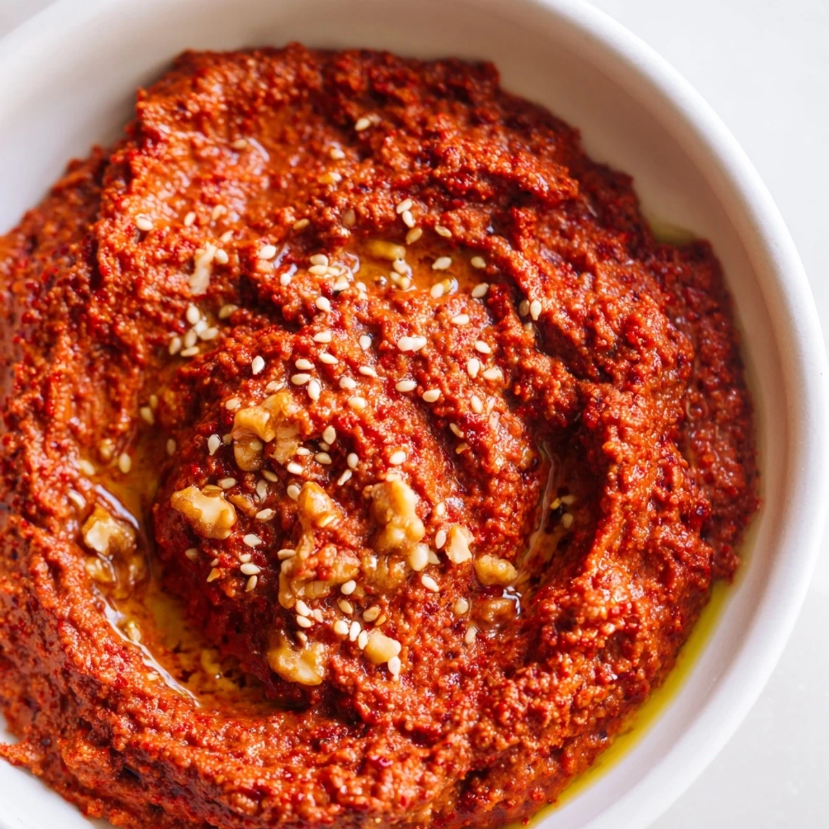 Creamy textured Syrian muhammara, made with roasted peppers and walnuts, perfect for dipping vegetables.