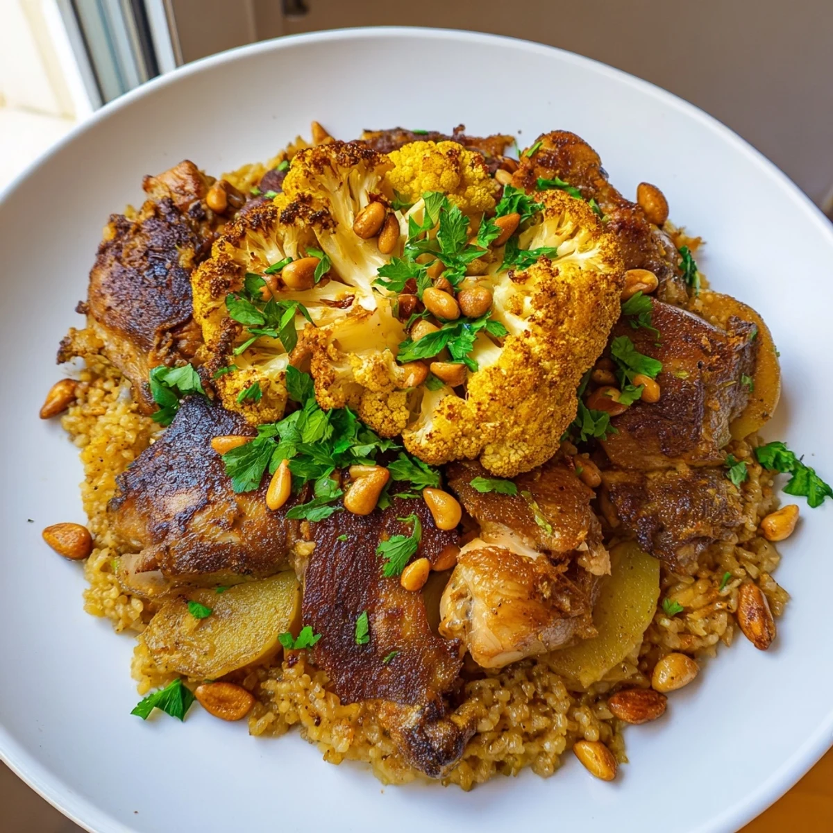 Fragrant basmati rice surrounds tender chicken in a classic Palestinian Maklouba recipe.